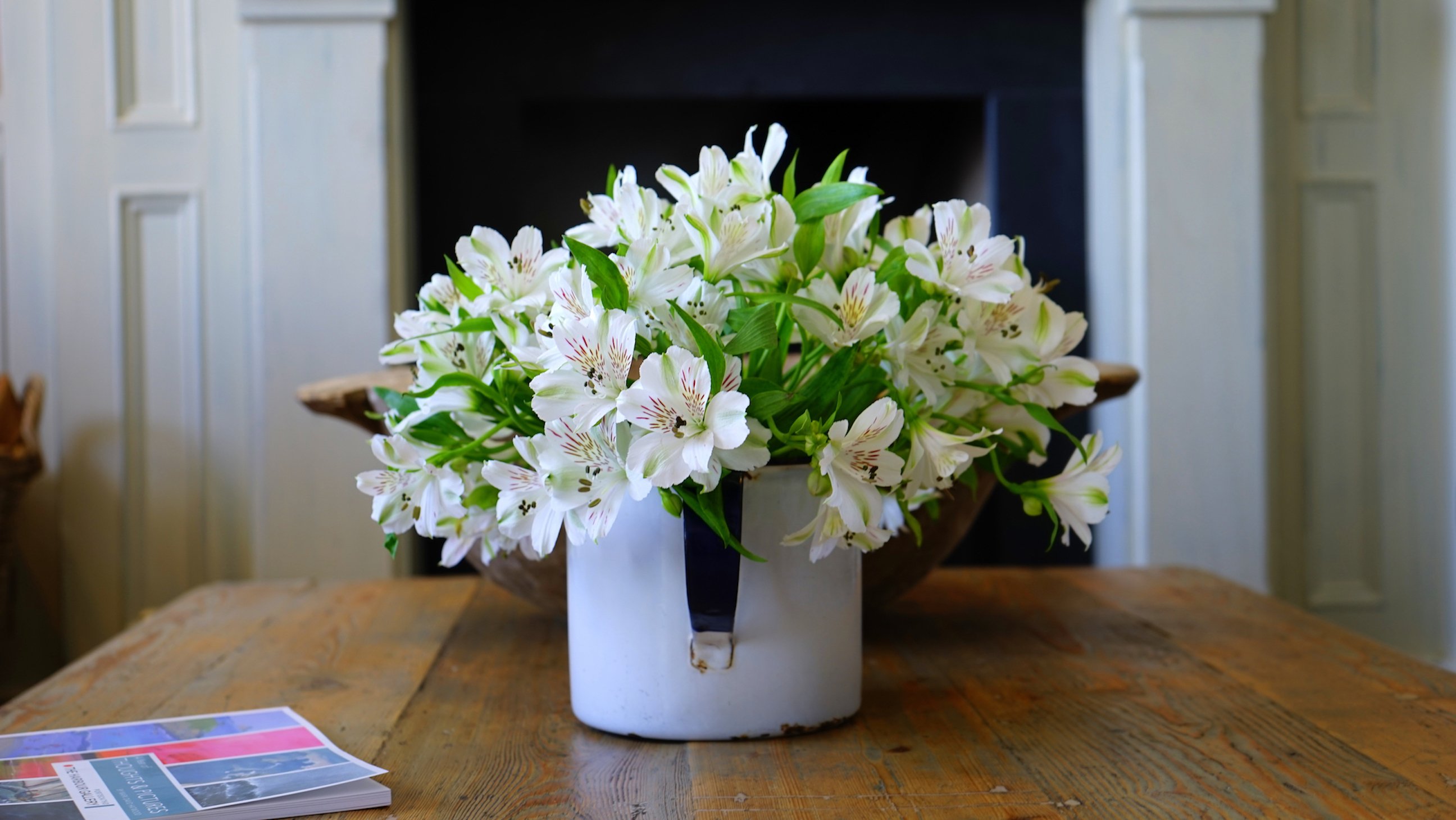 Home photo of flowers with brochure